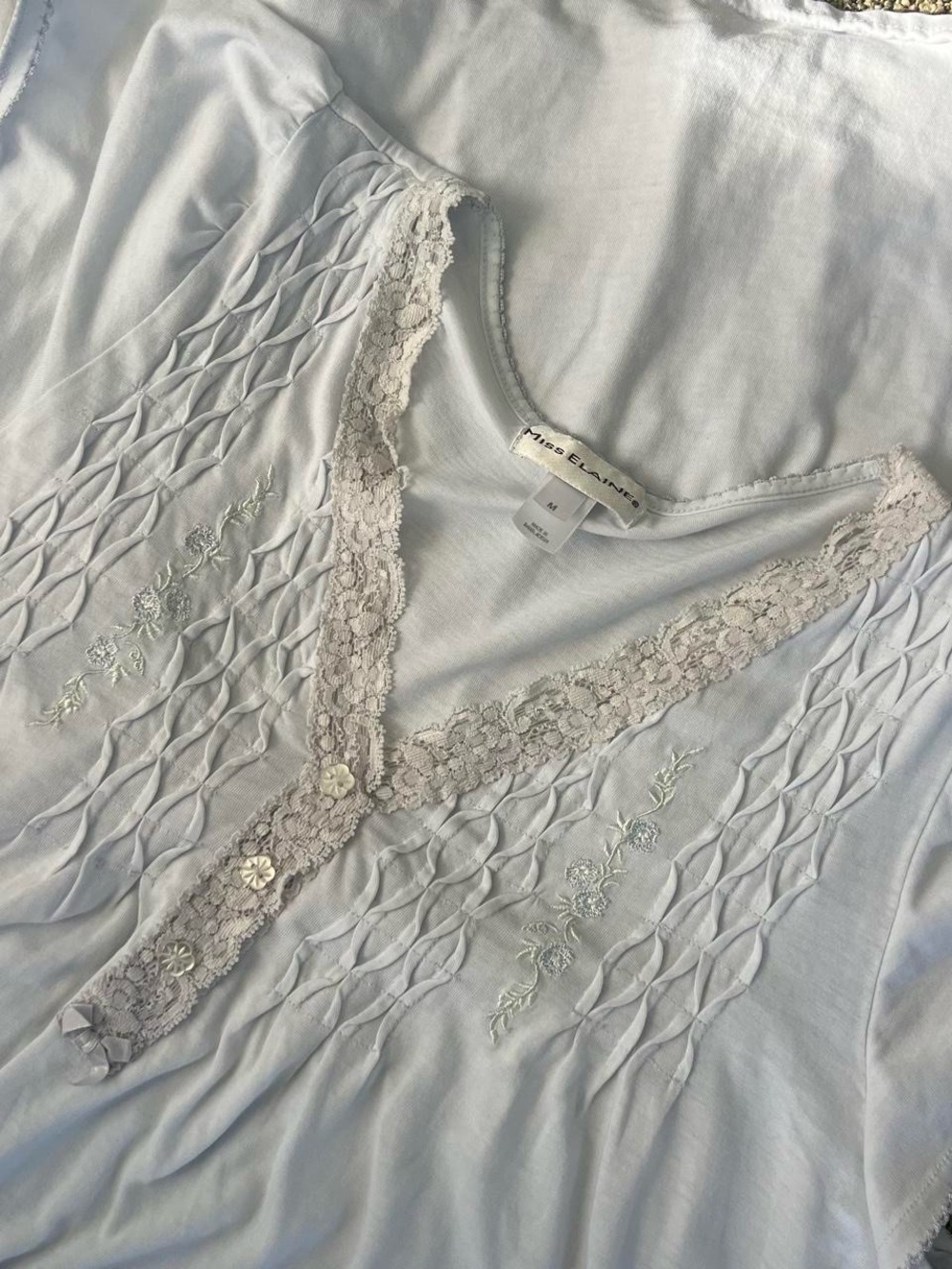 Miss Elaine White Lace-Trim Floral Embroidered Cottagecore Babydoll Nightgown